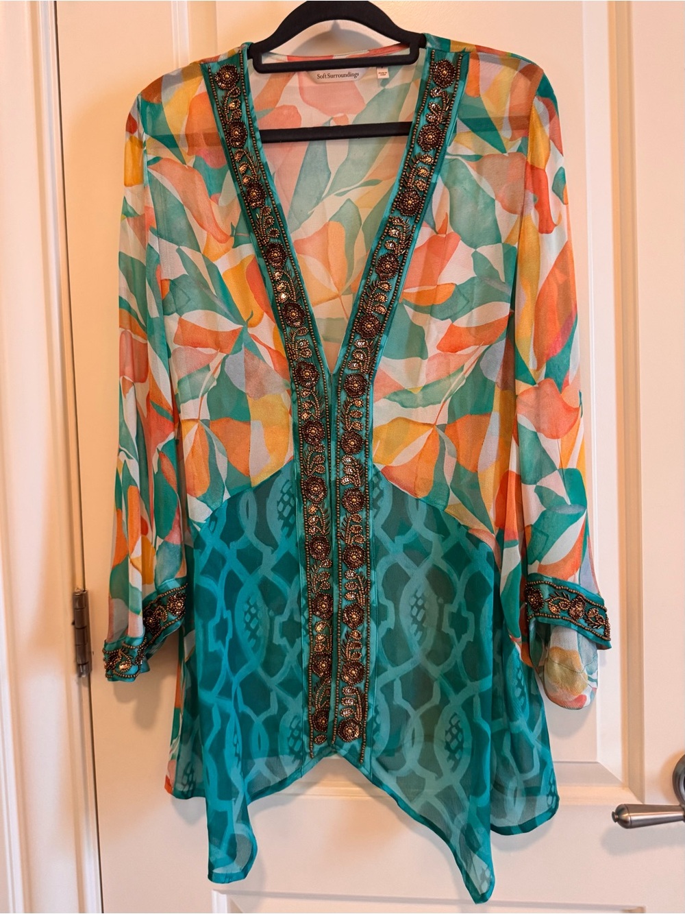 Soft Surroundings Teal Multi Sheer V-Neck Tunic with Beaded Trim